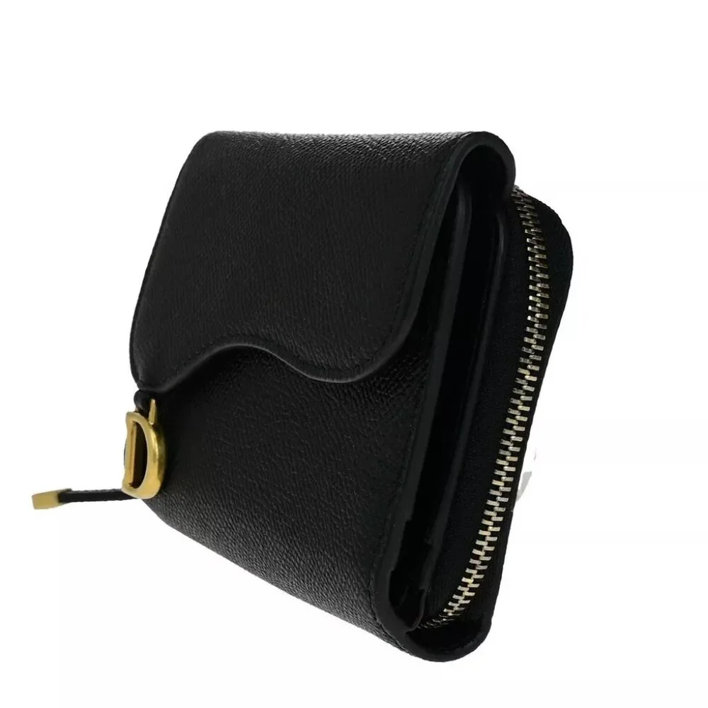 CHRISTIAN DIOR Logo Saddle Trifold Wallet Purse Leather Black
